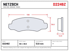 NETZSCH D2246Z brake pad drawing, 12.9 mm thick