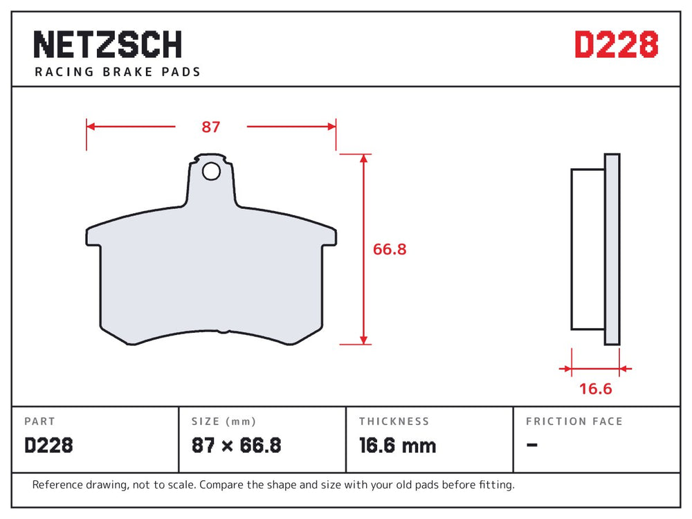 NETZSCH D228 brake pad drawing, 16.6 mm thick
