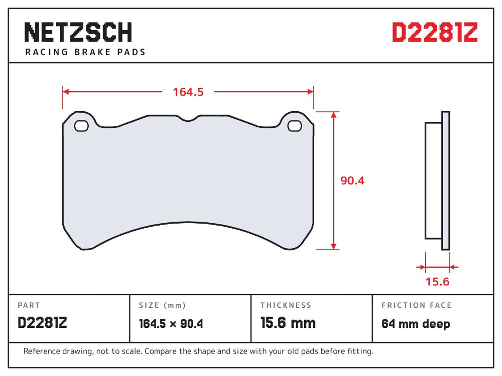 NETZSCH D2281Z brake pad drawing, 15.6 mm thick