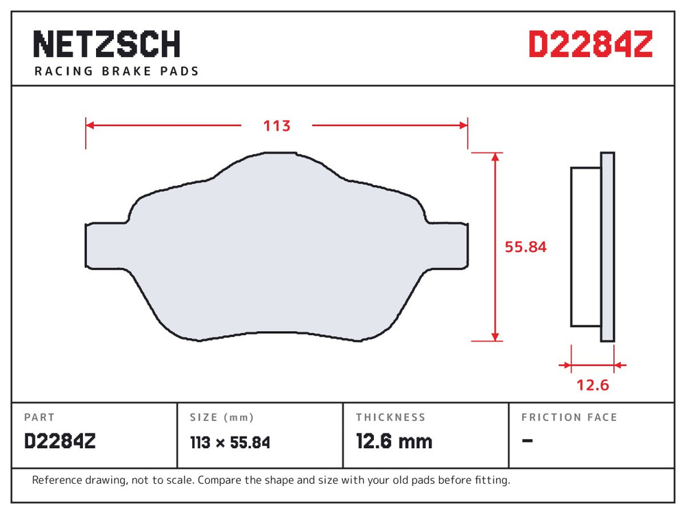NETZSCH D2284Z brake pad drawing, 12.6 mm thick