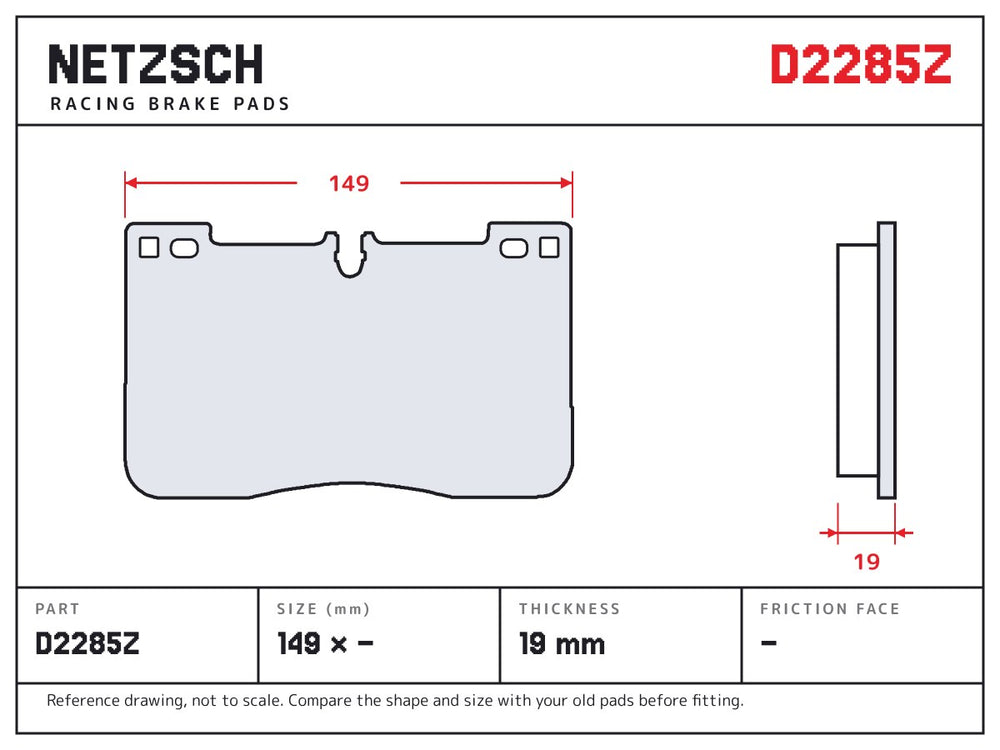 NETZSCH D2285Z brake pad drawing, 19 mm thick