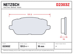 NETZSCH D2303Z brake pad drawing, 16 mm thick