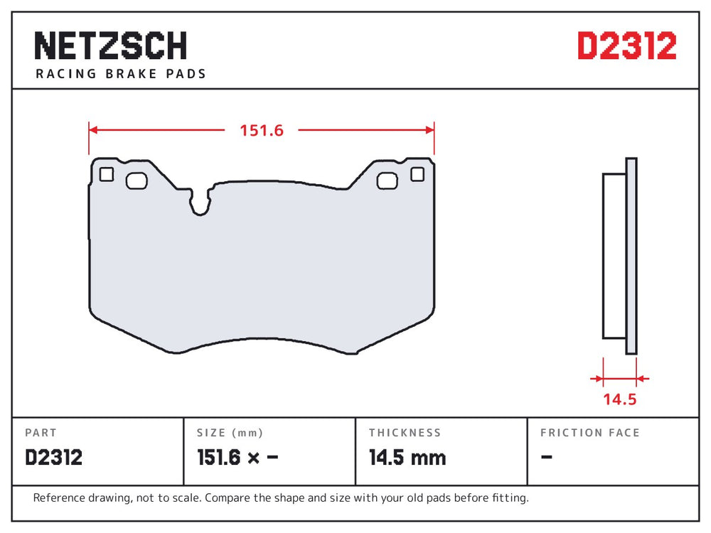 NETZSCH D2312 brake pad drawing, 14.5 mm thick