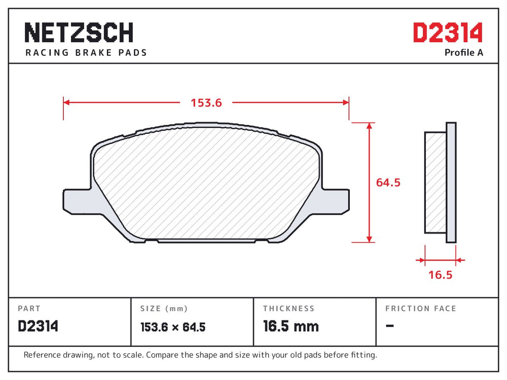 NETZSCH D2314 brake pad drawing, 16.5 mm thick