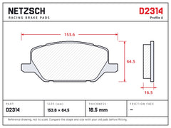 NETZSCH D2314 brake pad drawing, 16.5 mm thick