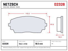 NETZSCH D2326 brake pad drawing, 16.5 mm thick