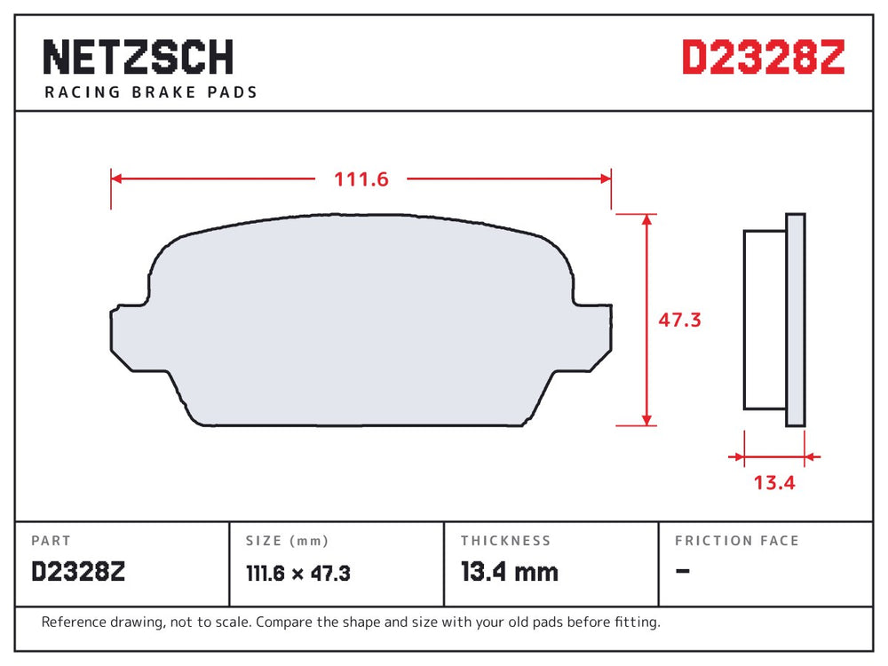 NETZSCH D2328Z brake pad drawing, 13.4 mm thick