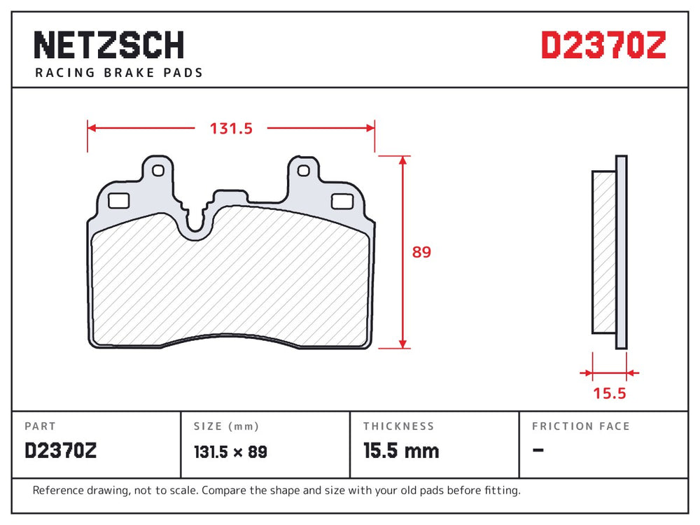 NETZSCH D2370Z brake pad drawing, 15.5 mm thick