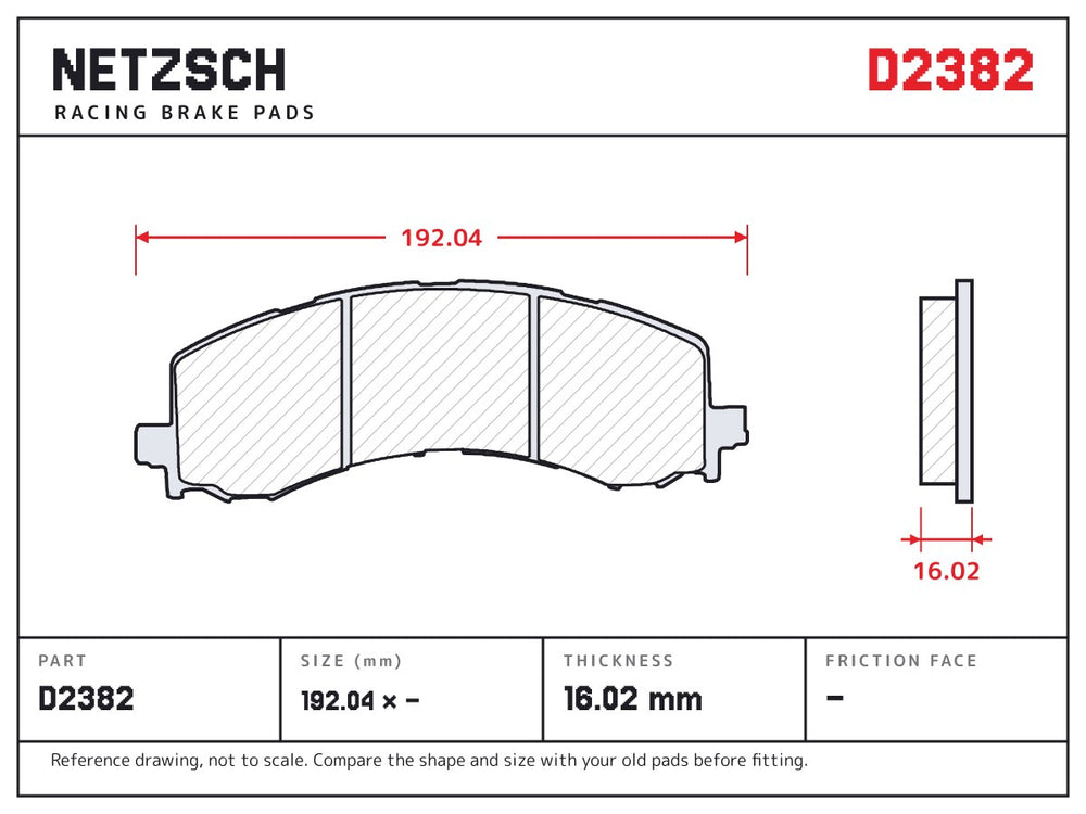 NETZSCH D2382 brake pad drawing, 16.02 mm thick
