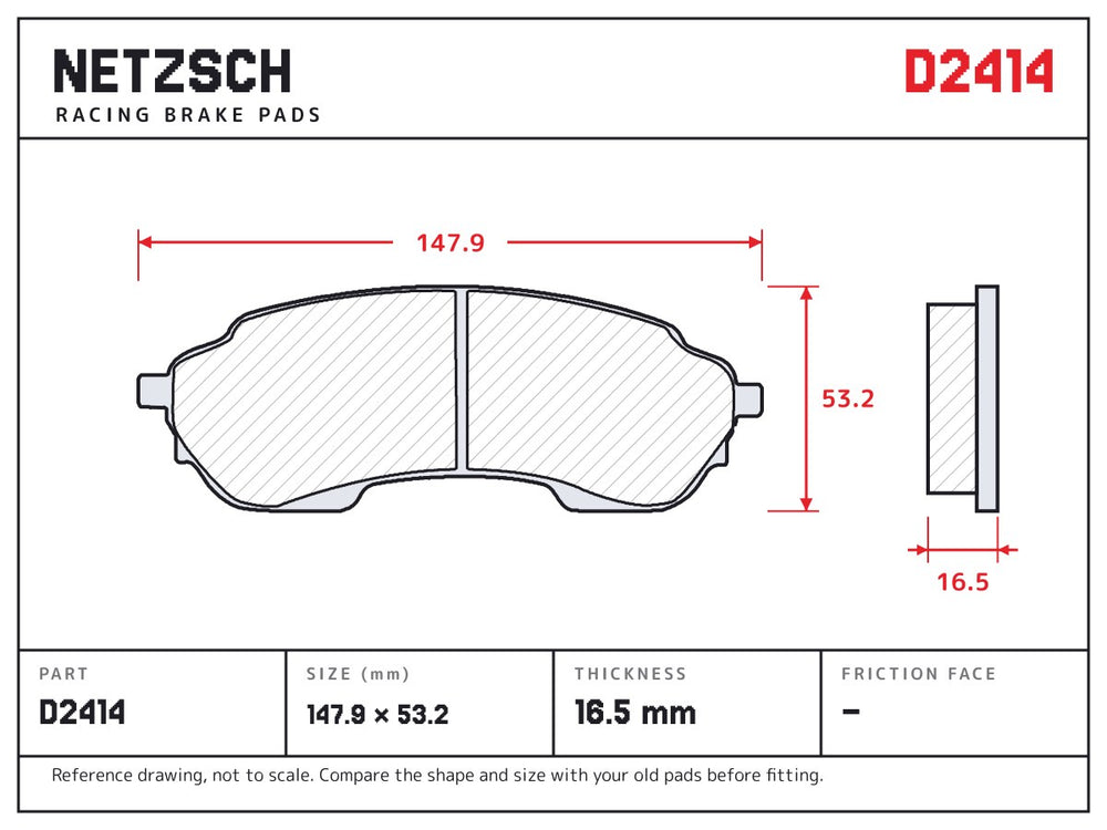 NETZSCH D2414 brake pad drawing, 16.5 mm thick
