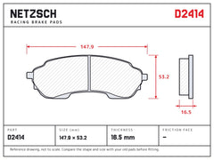 NETZSCH D2414 brake pad drawing, 16.5 mm thick