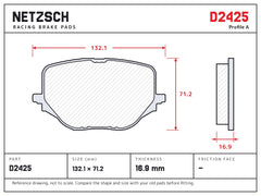 NETZSCH D2425 brake pad drawing, 16.9 mm thick