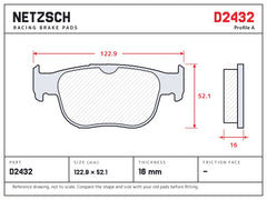 NETZSCH D2432 brake pad drawing, 16 mm thick