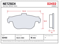 NETZSCH D2432 brake pad drawing, 16 mm thick