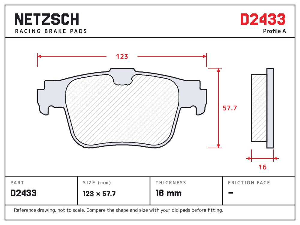 NETZSCH D2433 brake pad drawing, 16 mm thick
