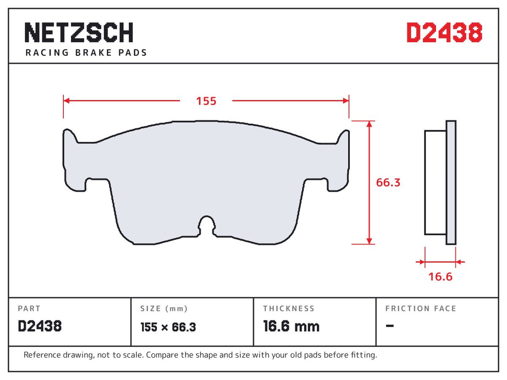 NETZSCH D2438 brake pad drawing, 16.6 mm thick