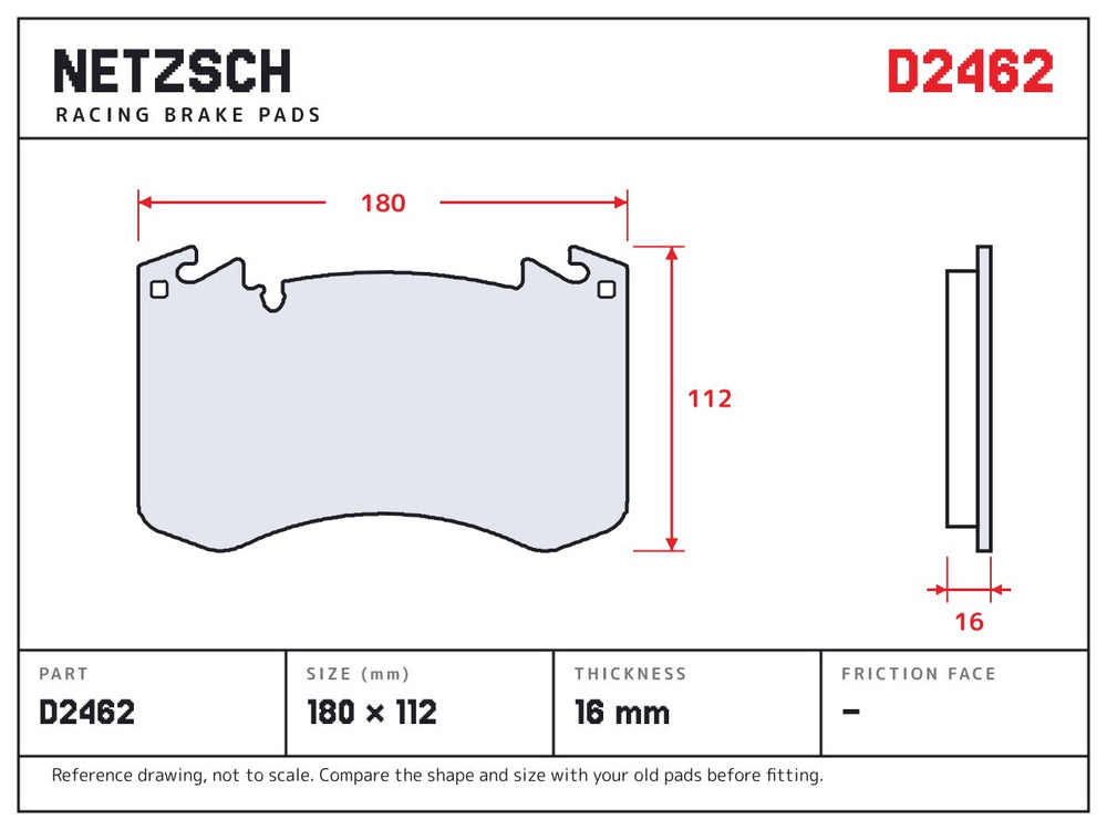 NETZSCH D2462 brake pad drawing, 16 mm thick