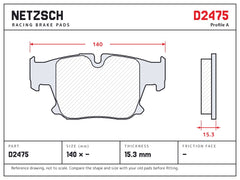 NETZSCH D2475 brake pad drawing, 15.3 mm thick
