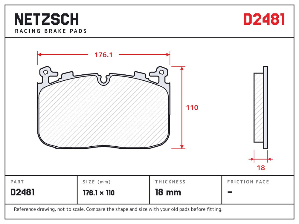 NETZSCH D2481 brake pad drawing, 18 mm thick