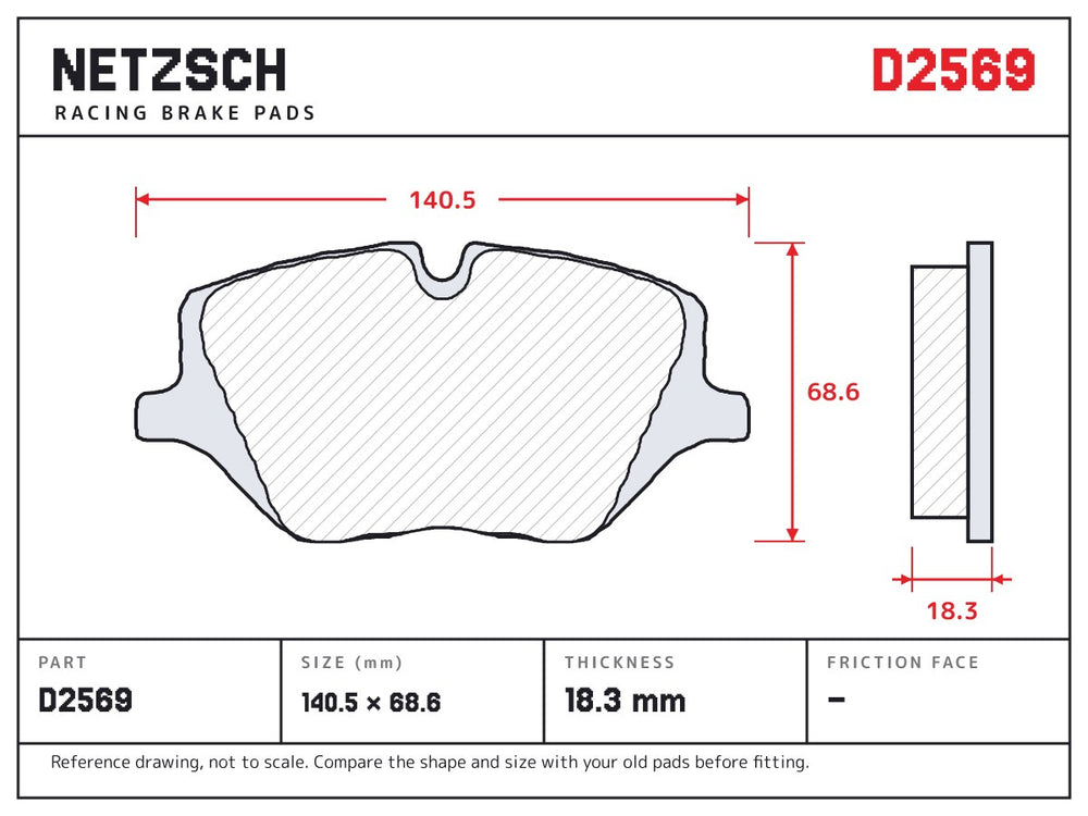 NETZSCH D2569 brake pad drawing, 18.3 mm thick