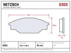 NETZSCH D303 brake pad drawing, 16 mm thick