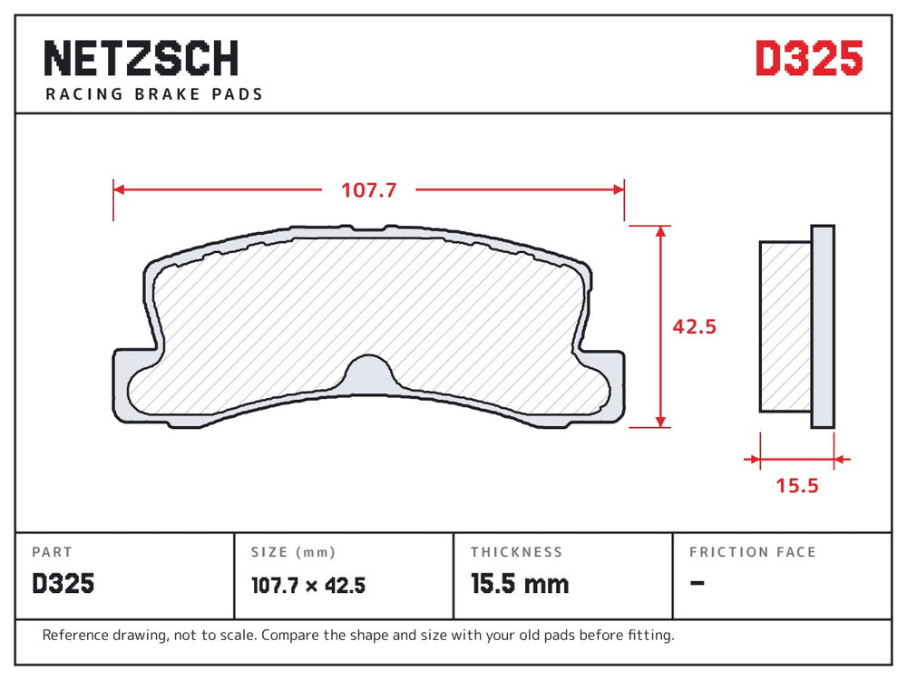 NETZSCH D325 brake pad drawing, 15.5 mm thick