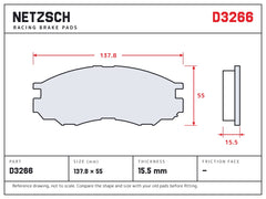NETZSCH D3266 brake pad drawing, 15.5 mm thick