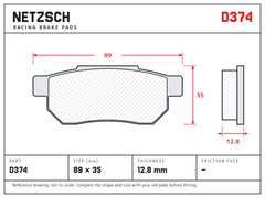 NETZSCH D374 brake pad drawing, 12.8 mm thick