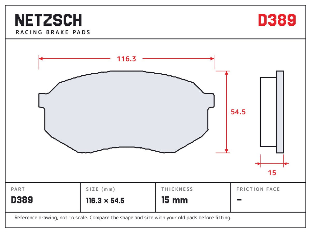 NETZSCH D389 brake pad drawing, 15 mm thick