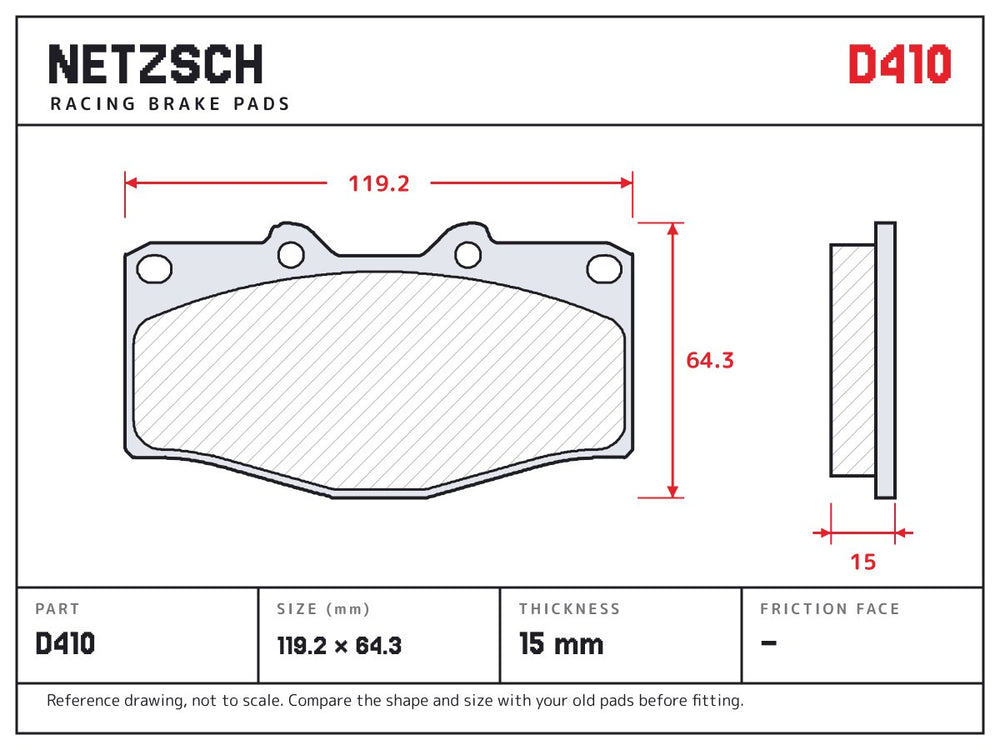 NETZSCH D410 brake pad drawing, 15 mm thick