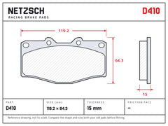 NETZSCH D410 brake pad drawing, 15 mm thick
