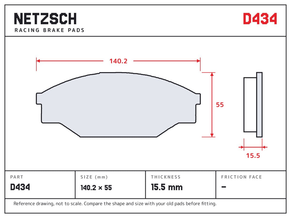 NETZSCH D434 brake pad drawing, 15.5 mm thick