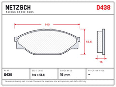 NETZSCH D438 brake pad drawing, 16 mm thick
