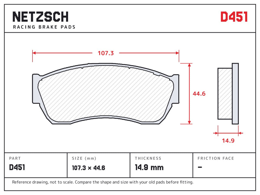 NETZSCH D451 brake pad drawing, 14.9 mm thick