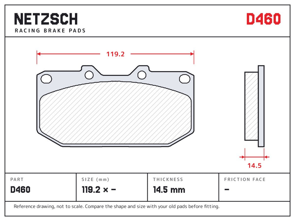 NETZSCH D460 brake pad drawing, 14.5 mm thick