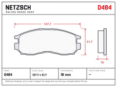 NETZSCH D484 brake pad drawing, 16 mm thick