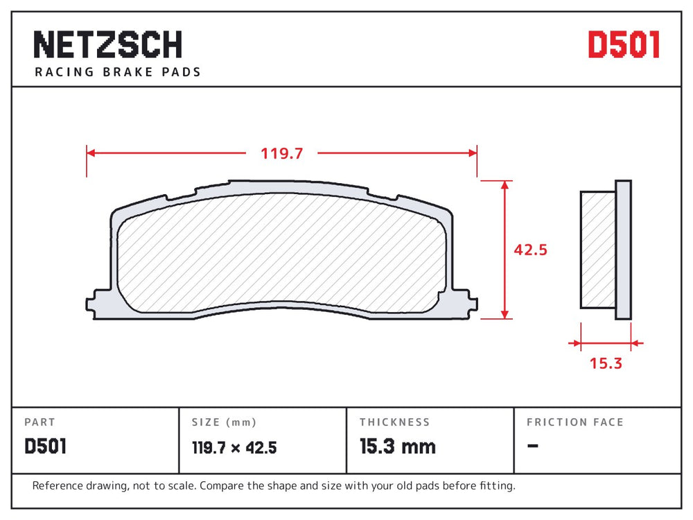 NETZSCH D501 brake pad drawing, 15.3 mm thick