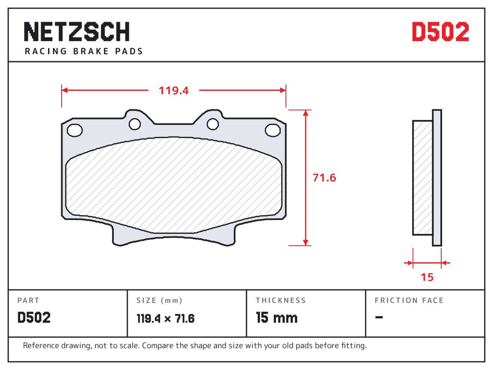 NETZSCH D502 brake pad drawing, 15 mm thick
