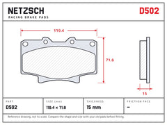 NETZSCH D502 brake pad drawing, 15 mm thick