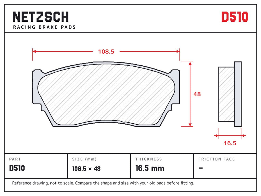 NETZSCH D510 brake pad drawing, 16.5 mm thick