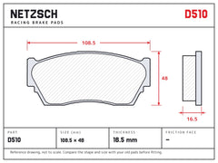 NETZSCH D510 brake pad drawing, 16.5 mm thick