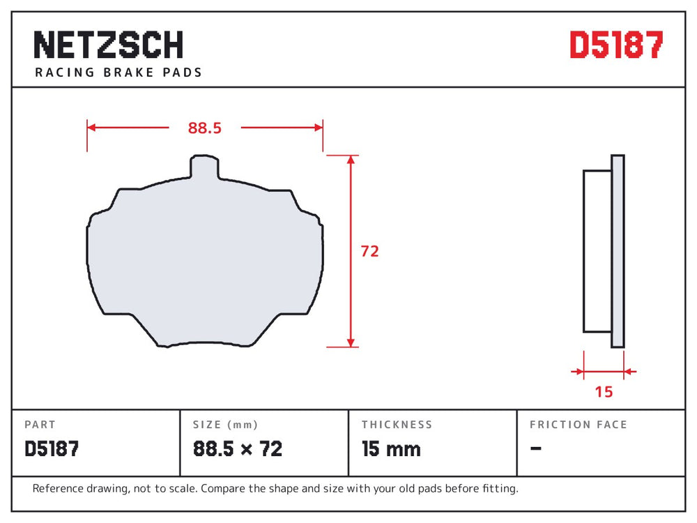 NETZSCH D5187 brake pad drawing, 15 mm thick