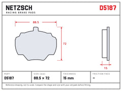 NETZSCH D5187 brake pad drawing, 15 mm thick