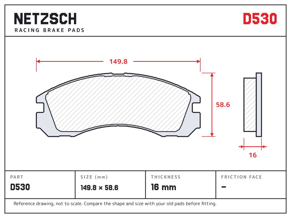 NETZSCH D530 brake pad drawing, 16 mm thick
