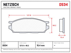NETZSCH D534 brake pad drawing, 15.4 mm thick