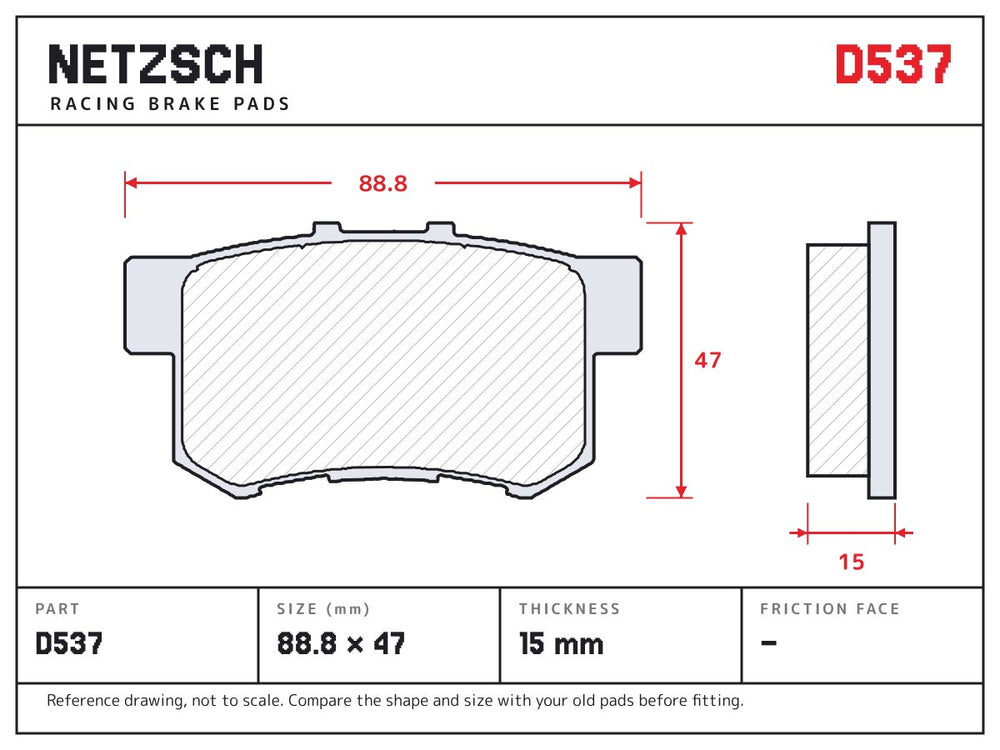 NETZSCH D537 brake pad drawing, 15 mm thick