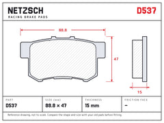 NETZSCH D537 brake pad drawing, 15 mm thick