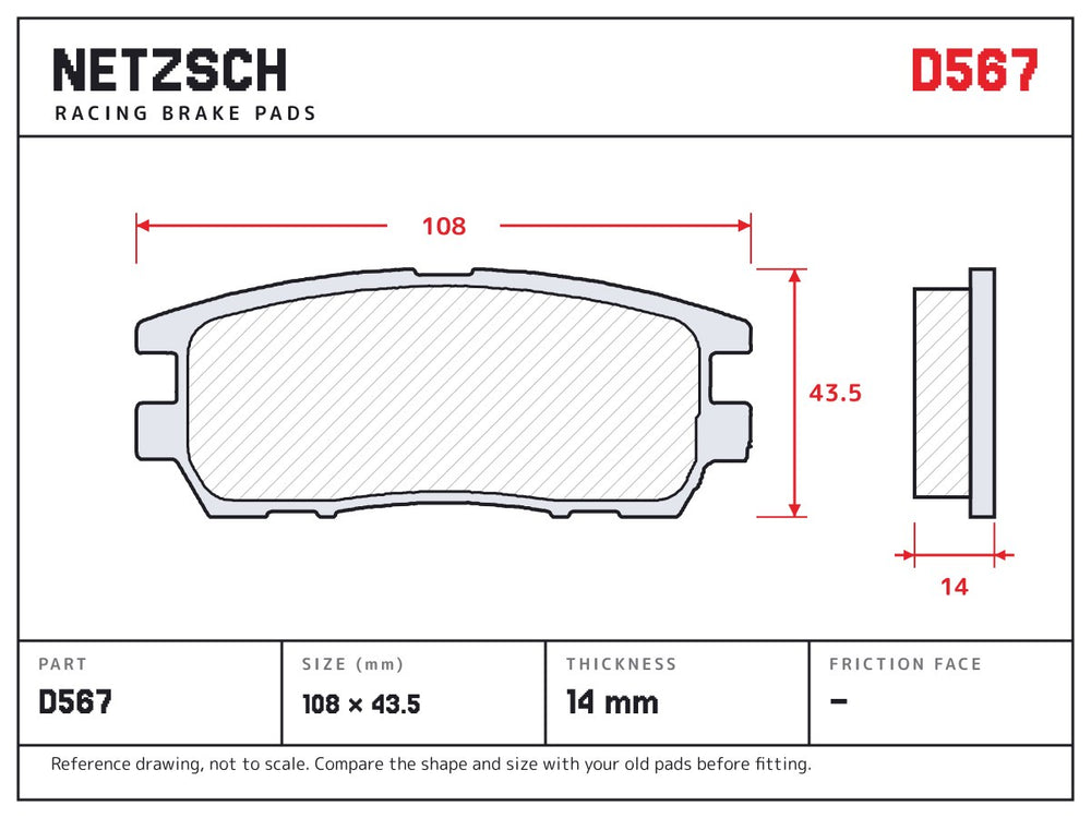 NETZSCH D567 brake pad drawing, 14 mm thick