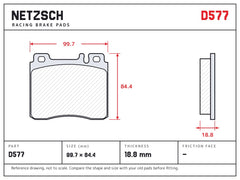 NETZSCH D577 brake pad drawing, 18.8 mm thick