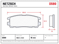 NETZSCH D580 brake pad drawing, 16 mm thick